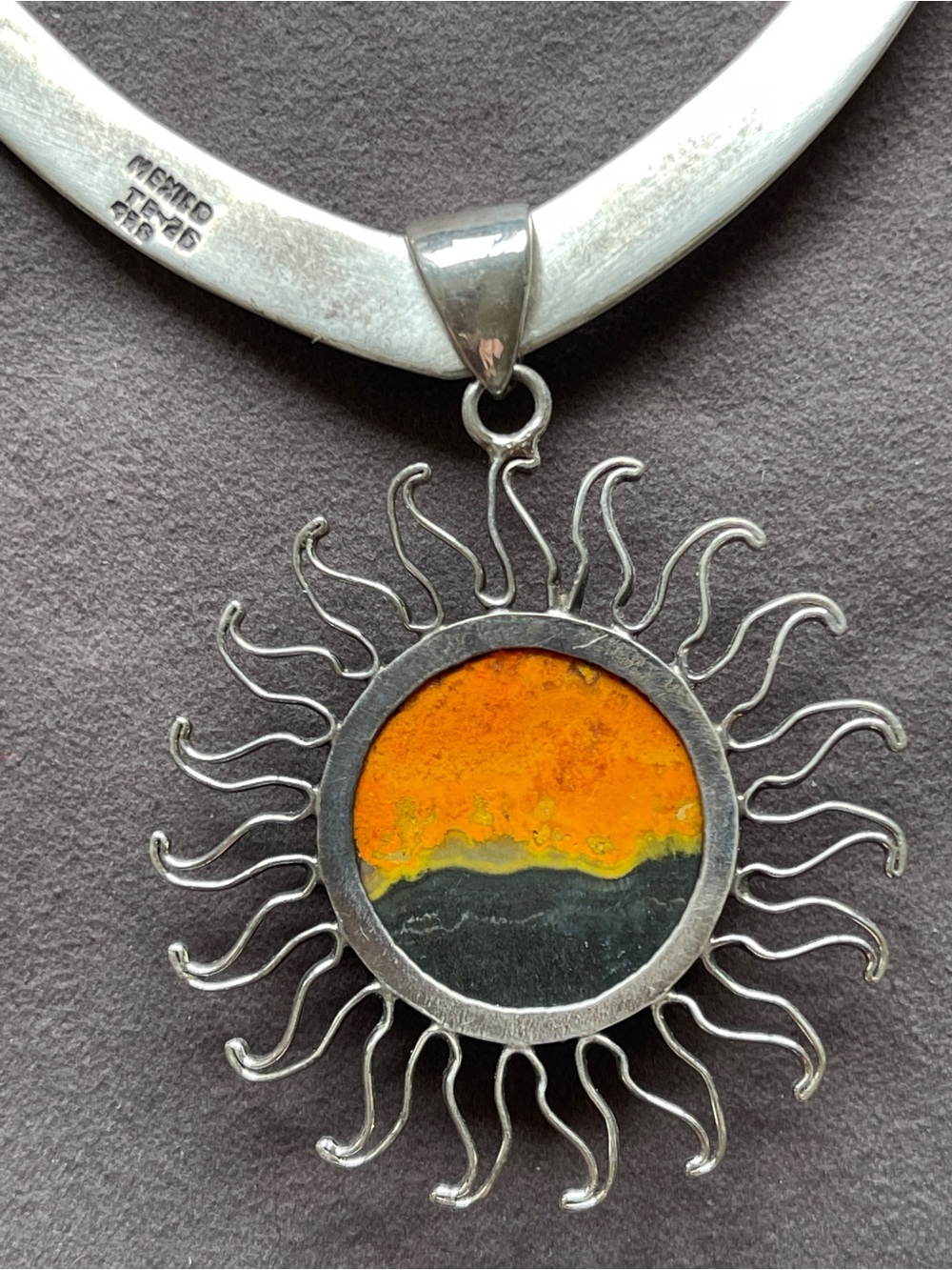 Vintage Taxco 925 Silver Collar Necklace Choker Torc Bumblebee Jasper Sunburst - Picture 5 of 8